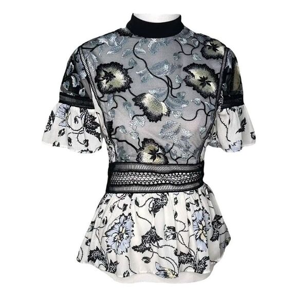 Self-Portrait Lucia Floral Embroidery Ruffle Lace Trim Cocktail Party Blouse 4 - Picture 3 of 11